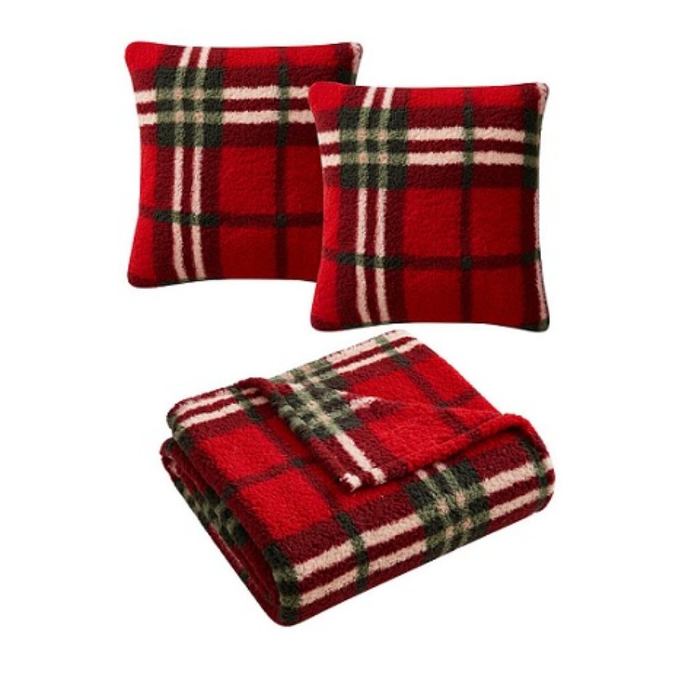 Birch Trail Red Tartan Plaid 3-Pack Decorative Pillows & Throw Set NWT